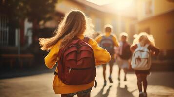 ai gerado costas Visão do escola crianças com mochila e colegas de classe em fundo. costas para escola conceito. foto