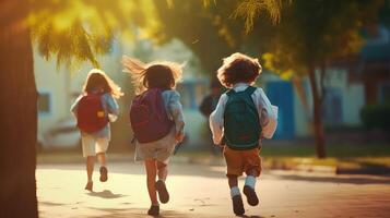 ai gerado costas para escola. feliz crianças ir para escola. costas para escola conceito foto