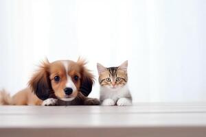 ai gerado fofa pequeno gatinho e cachorro em casa interior fundo foto