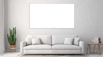 ai gerado branco sofá dentro moderno vivo quarto com em branco poster em parede, poster brincar foto