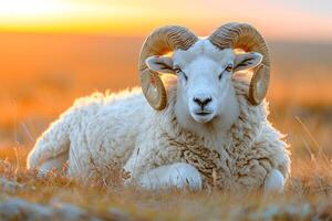ai gerado ovelha dentro a Prado às pôr do sol. lindo natureza fundo. foto