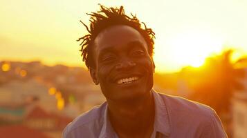 ai gerado retrato do uma sorridente africano homem às pôr do sol dentro a cidade foto