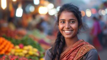 ai gerado retrato do uma lindo jovem indiano mulher sorridente às a Câmera. foto