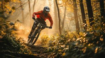 ai gerado ciclista equitação a bicicleta em a trilha dentro a lindo outono floresta. extremo esporte conceito. foto