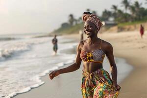 ai gerado retrato do sorridente africano americano mulher em de praia às pôr do sol foto