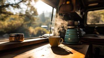 ai gerado copo do quente café com vapor em uma de madeira mesa dentro a interior do uma campista foto