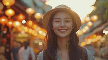 ai gerado retrato do uma lindo ásia mulher sorridente às a Câmera enquanto caminhando dentro a rua foto