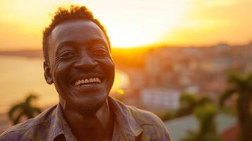 ai gerado retrato do uma sorridente africano homem às pôr do sol dentro a cidade foto