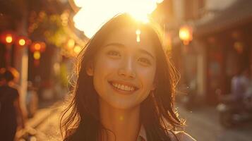 ai gerado retrato do uma lindo jovem mulher em a rua às pôr do sol. foto