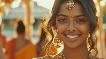 ai gerado retrato do uma lindo jovem indiano mulher sorridente às a Câmera. foto