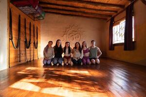 grupo retrato do uma comunidade do pessoas praticando ioga sorridente e olhando às a Câmera. foto