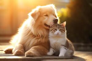 ai gerado retrato do gato e cachorro feliz amigos sentado junto. animais de estimação amizade foto