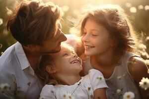 ai gerado feliz família retrato mãe, pai, crianças filho e filha sorridente e desfrutando. lindo ensolarado dia foto