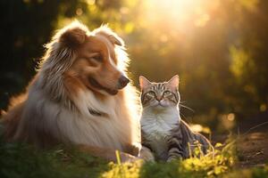 ai gerado retrato do gato e cachorro feliz amigos sentado junto. animais de estimação amizade foto