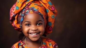 ai gerado africano maduro bebê menina dentro tradicional roupas retrato. tradicionalmente vestido dentro colorida roupas e cabeça enrolar. Preto história mês conceito. foto