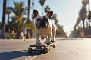 ai gerado skate cachorro. engraçado cachorro passeios skate em a rua dentro verão cidade foto