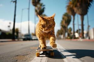 ai gerado skate gato. engraçado gato passeios skate em a rua dentro verão cidade foto