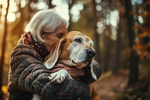 ai gerado uma retrato do uma feliz Senior Mais velho com uma cachorro, a idosos com animal foto