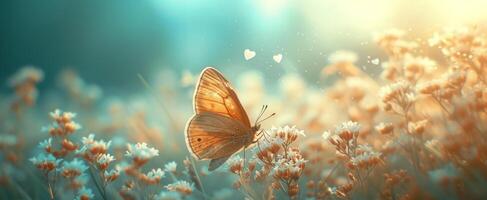 ai gerado uma borboleta com azul céu com borboletas vôo dentro a brisa foto