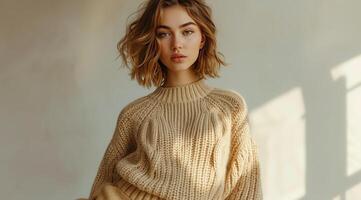 ai gerado uma modelo poses para fotografia vestindo uma tricotar suéter e calça foto