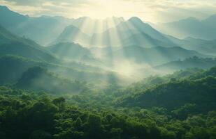 ai gerado lindo montanhas dentro a Sol com luz solar transmissão através a árvore tops foto