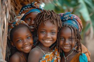 ai gerado cinco meninas dentro uma tradicional djibutiano Vila estão sorridente foto