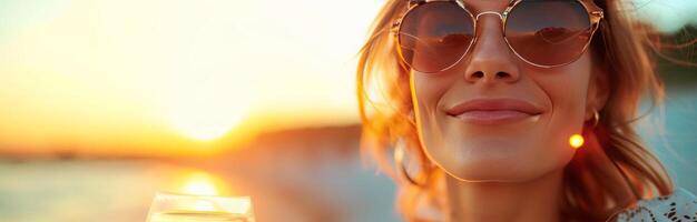 ai gerado lindo mulher dentro oculos de sol bebendo vinho às pôr do sol foto