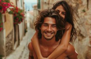 ai gerado homem pegando carona menina em uma rua dentro Lazio feliz casal foto