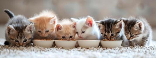 ai gerado seis pequeno gatinhos comer Comida Fora do uma tigela foto