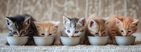 ai gerado seis pequeno gatinhos comer Comida Fora do uma tigela foto