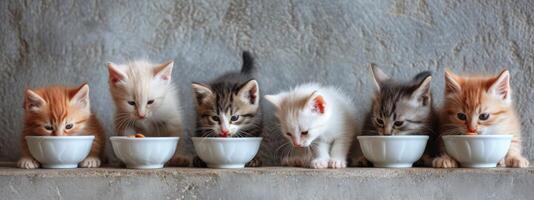 ai gerado seis pequeno gatinhos comer Comida Fora do uma tigela foto