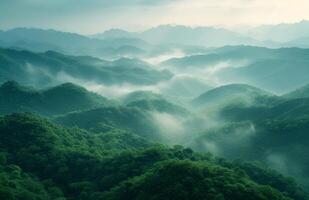 ai gerado Xangai, China Visão sobre a montanhas dentro brilho do sol foto
