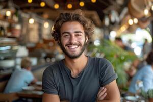 ai gerado sorridente jovem homem em pé dentro restaurante cafeteria foto