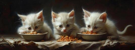 ai gerado branco gatinhos às uma tigela do comida, foto