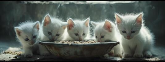 ai gerado branco gatinhos às uma tigela do comida, foto