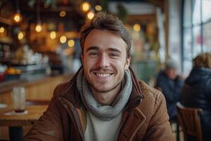 ai gerado jovem homem de negocios sorrisos dentro cafeteria foto