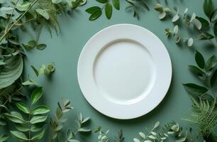 ai gerado branco prato em uma verde fundo foto