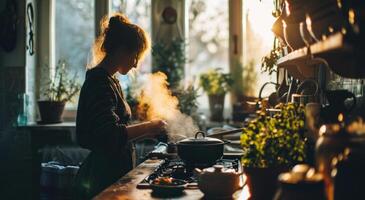 ai gerado uma mulher dentro a cozinha com uma vapor Panela foto