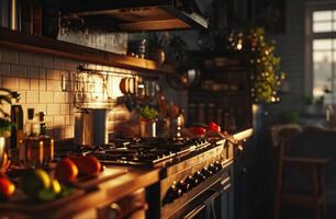 ai gerado acolhedor cozinha dentro uma casa lado de fora a cidade enquanto cozinhando foto