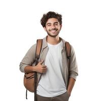 ai gerado retrato do uma sorridente jovem homem com mochila, isolado em branco fundo foto