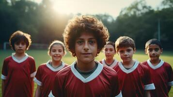 ai gerado retrato do uma grupo do feliz crianças futebol jogadoras foto