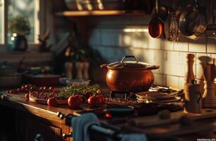 ai gerado acolhedor cozinha dentro uma casa lado de fora a cidade enquanto cozinhando foto