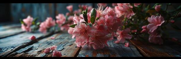 ai gerado flores fundo dentro Rosa em de madeira mesa em uma Sombrio fundo foto