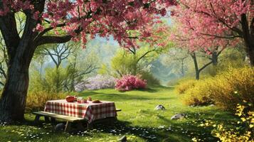 ai gerado primavera piquenique cercado de florescendo árvores e colorida flores foto