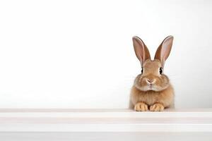 ai gerado fofa Coelho em mesa contra borrado fundo. espaço para texto foto