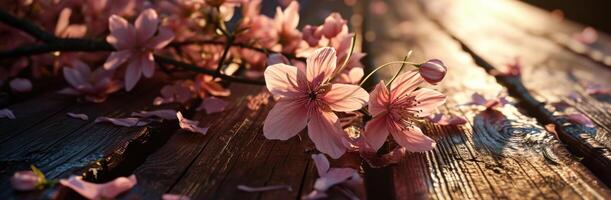 ai gerado flores fundo dentro Rosa em de madeira mesa em uma Sombrio fundo foto