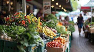 ai gerado primavera mercado preenchidas com fresco produzir, flores foto