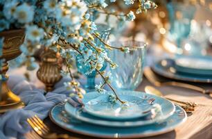 ai gerado mesa configuração com azul flores e ouro acentos foto