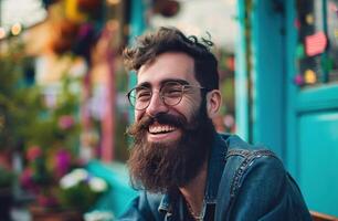 ai gerado homem com barba sorridente ao ar livre foto