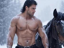 ai gerado bonito muscular jovem homem e Preto cavalo com neve fundo foto